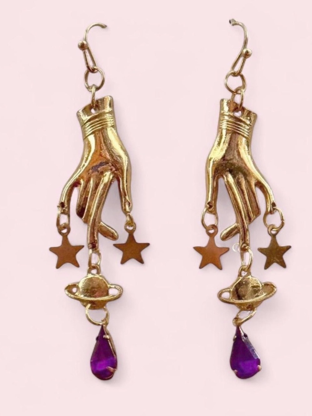 Celestial Divine Astrology Stars Saturn Planet Hand Gold Purple Drop Earrings 🪐✨